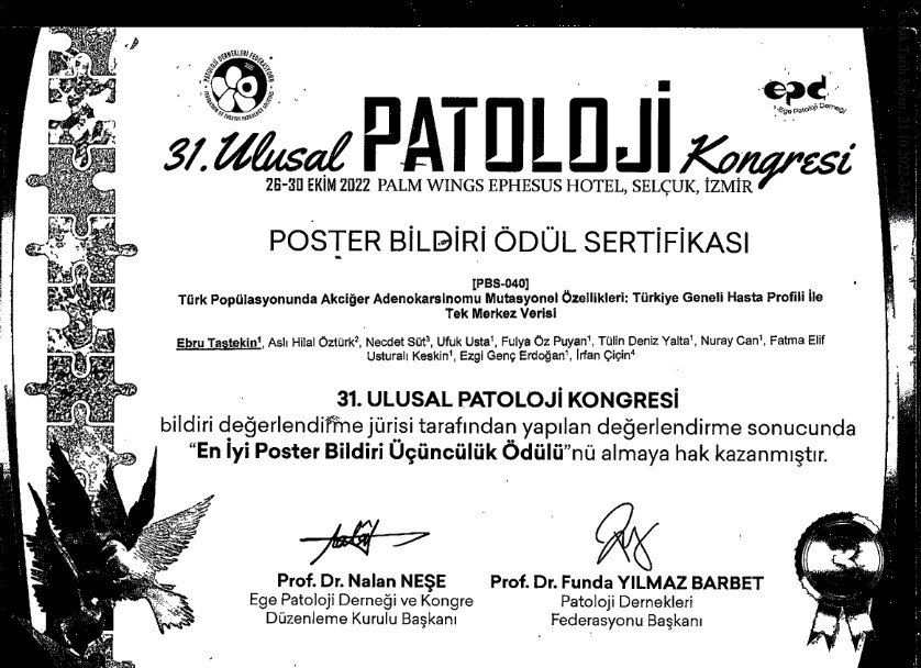 ÖĞRETİM ÜYELERİMİZ, 31. ULUSAL PATOLOJİ KONGRESİ’NDE ÖDÜLE LAYIK GÖRÜLDÜ