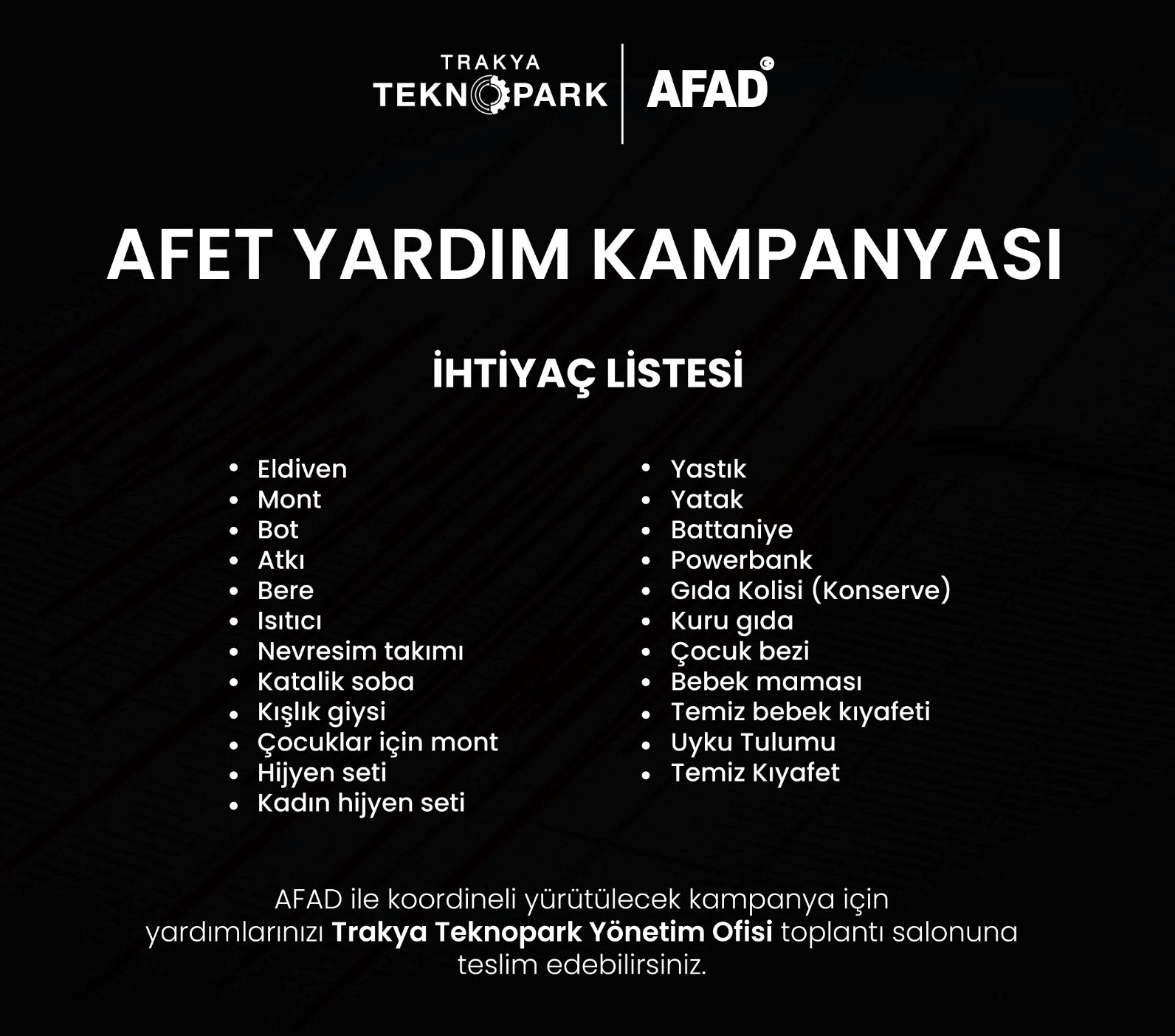 TRAKYA ÜNİVERSİTESİ TEKNOPARK AŞ.’DEN DEPREM BÖLGESİNE YARDIM