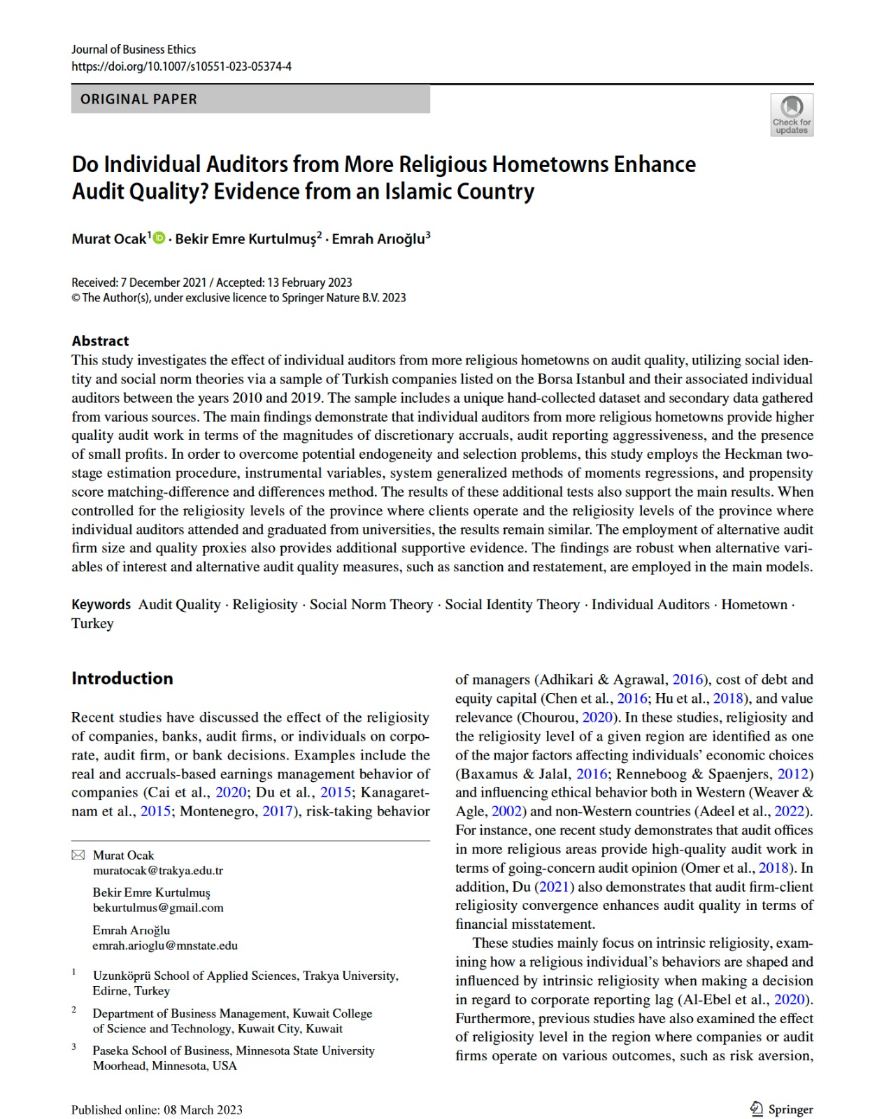 DOÇ. DR. MURAT OCAK’IN ÇALIŞMASI, JOURNAL of BUSINESS ETHİCS’TE YAYINLANACAK