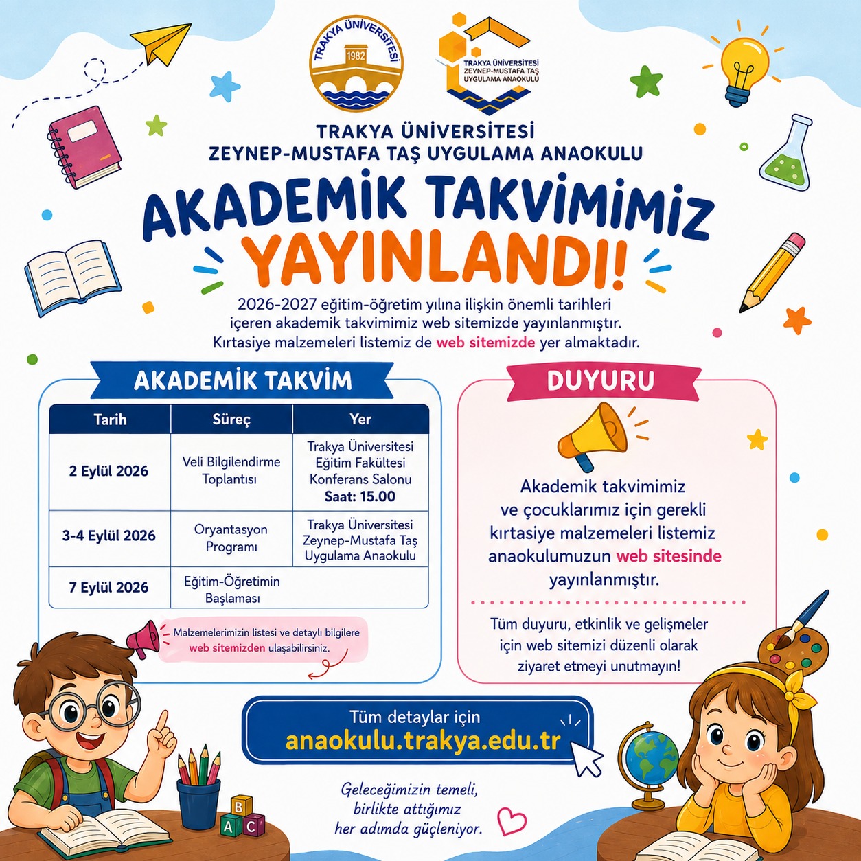 ZEYNEP-MUSTAFA TAŞ UYGULAMA ANAOKULUNUN AKADEMİK TAKVİMİ YAYIMLANDI