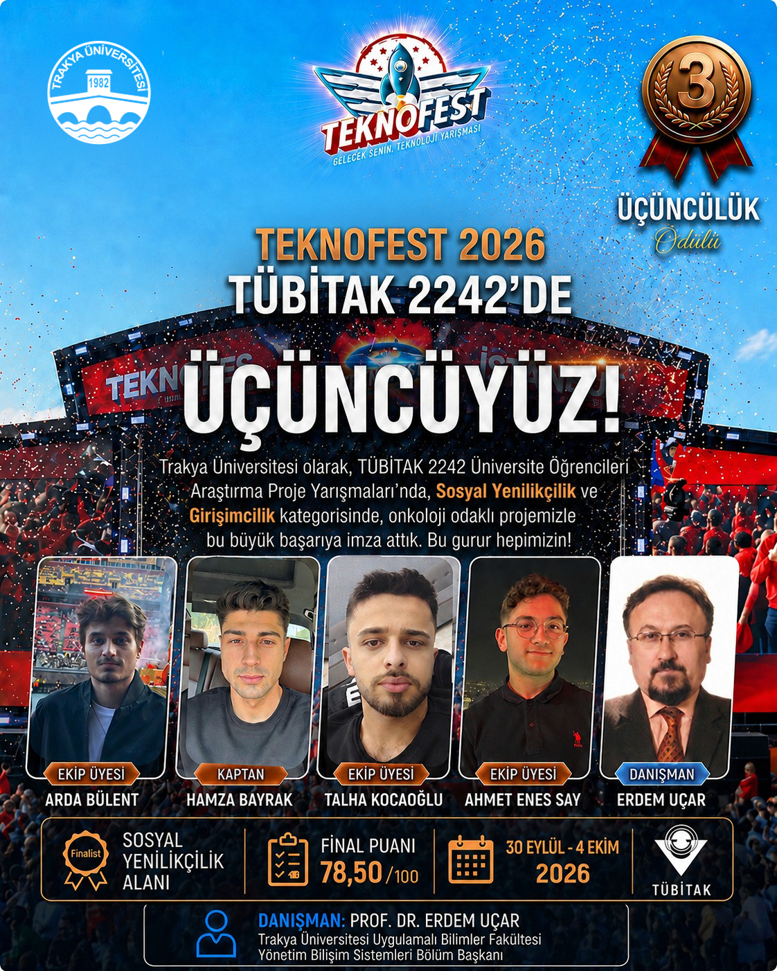 TRAKYA ÜNİVERSİTESİ ÖĞRENCİLERİ TEKNOFEST 2026 KAPSAMINDA DÜZENLENEN TÜBİTAK 2242’DE TÜRKİYE ÜÇÜNCÜSÜ OLDU