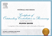 MATERIALS AND DESIGN DERGİSİNDEN ÖĞRETİM ÜYEMİZE SERTİFİKA